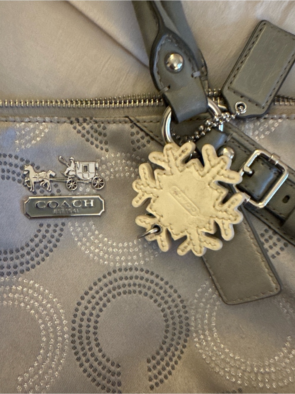 Coach Gray Signature Shoulder Tote with Snowflake Charm